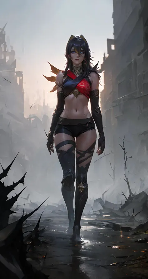 (Realistic:1.5), Indirect Illumination, detailed pupils, medium breast, lips, looking away, (full body, walking), ((photorealistic face)), acid rain, staring eyes, (scratches and thorns) on her body, destroyed surreal landscape behind, dark shadows, siberian baroque architecture, Land of the Damned, dim lighting, moody light, dust clouds, DEHYA, DEHYA \(GENSHIN IMPACT\), GENSHIN IMPACT, EARRINGS, FEMALE, DARK-SKINNED FEMALE, DARK SKIN, (LONG HAIR), BLUE EYES, (HAIR BETWEEN EYES, MULTICOLORED HAIR:1.3), smirk, lowered eyebrows, (wet skin:1.2),<lora:DehyaGenshinImpact:0.8>, art by greg rutkowski and artgerm, soft cinematic light, adobe lightroom, photolab, hdr, intricate, highly detailed, ((((depth of field))))