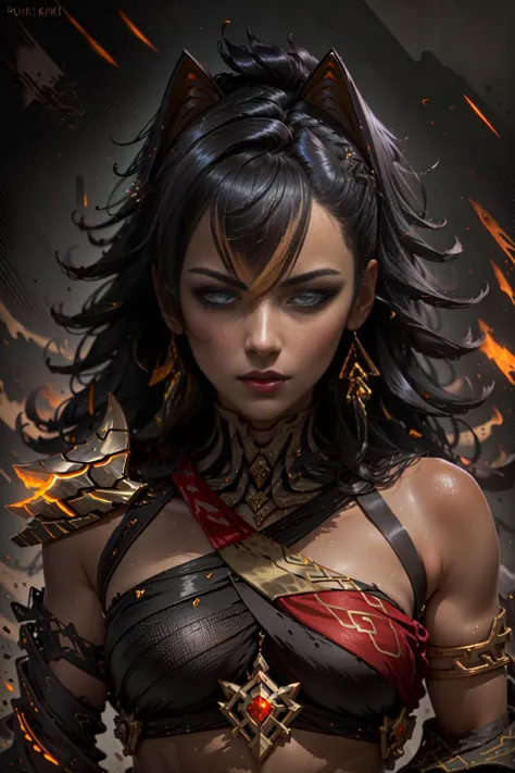 <lora:FantasyStyle-000015:.6> FantasyStyle_Red, armor,
outdoors, extremely detailed, details, masterpiece, ((illustration)), 4k, 8k, high quality, highres, lighting, cinematic, award-winning, 1girl, tall, Dehya, long hair, cat ears ((dark-skinned female:1.4)), jewelry, blue eyes,
dehya \(genshin impact\),huge weapon, <lora:Dehya-000009:1>
<lora:CyberpunkStyleV1:.65> PunkAI