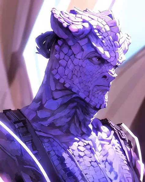 portrait of jemhadar, alien man, scaly skin, horned face, serious expression, white plastic neck tube, sci-fi uniform, (medium shot:1.3,) (facing forward:1.3), half length, front view, looking at viewer, manga, anime, pixiv, <lora:jmhdr_lora:0.8>