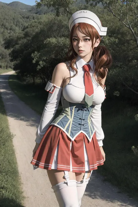 (masterpiece, best quality:1.3),(sharp eyeliner, ultra-detailed face, beautiful face),orange hair, (brown eyes), BR 1girl, solo, BREAK LittorioKC, (Littorio) outfit, (white) hat with headdress, ((red) necktie with (green) tip:1.2), ((grey) corset:1.2), ((red) pleated miniskirt), (white) thighhighs, ((white) garter straps:1.3), boots, (detached sleeves) outfit, bare shoulders, sideboob, (white) sleeveless shirt BREAK,giganic breasts, cowboy shot,luxurious club,
 <lora:Littorio-v0.1:1.2> <lora:no129Girl_no129:0.3> <lora:zoom_slider_v1:-4>