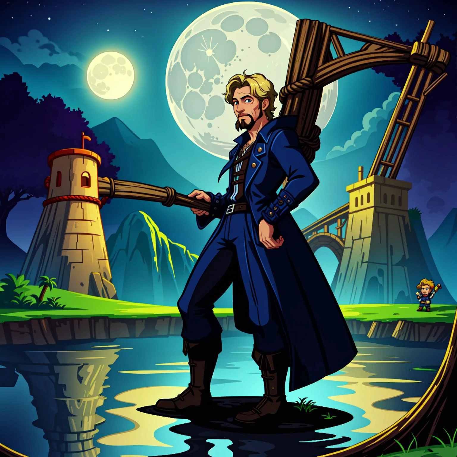 embedding:theme\XE-LucasArts, Monkey_Island_Style, (1man, solo, alone, guybrush_threewood, young_pirate, adventurer, player_character, blue_coat, blond, goatee, shovel, rope_bridge, swamp, moon, after_dark,), pixel_art, pixelart, 1990s, 8bit, IBM_compatible, SCUMM_engine, EGA_graphics, midi_sound, adventure_game, point_n_click,