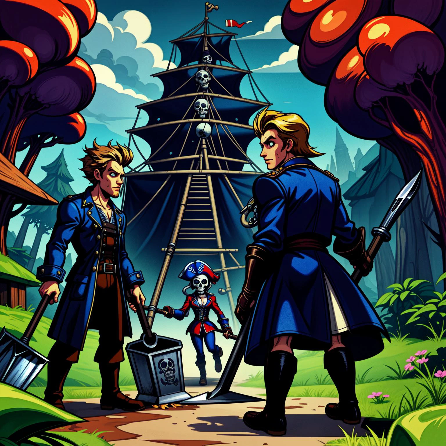 embedding:theme\XE-LucasArts, Monkey_Island_Style, (guybrush_threepwood, player_character, adventurer, young_pirate, blue_coat, shovel), swamp, voodoo, coffin, sugar_skulls, three_headed_monkey, look_behind_you, pixel_art, pixelart, 1990s, 8bit, IBM_compatible, SCUMM_engine, EGA_graphics, midi_sound, adventure_game, point_n_click,