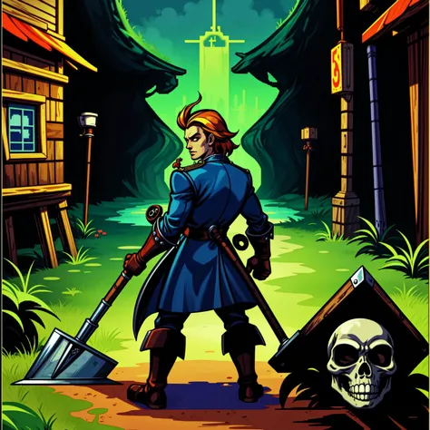 embedding:theme\XE-LucasArts, Monkey_Island_Style, (guybrush_threepwood, player_character, adventurer, young_pirate, blue_coat, shovel), swamp, voodoo, coffin, sugar_skulls, three_headed_monkey, look_behind_you, pixel_art, pixelart, 1990s, 8bit, IBM_compatible, SCUMM_engine, EGA_graphics, midi_sound, adventure_game, point_n_click,