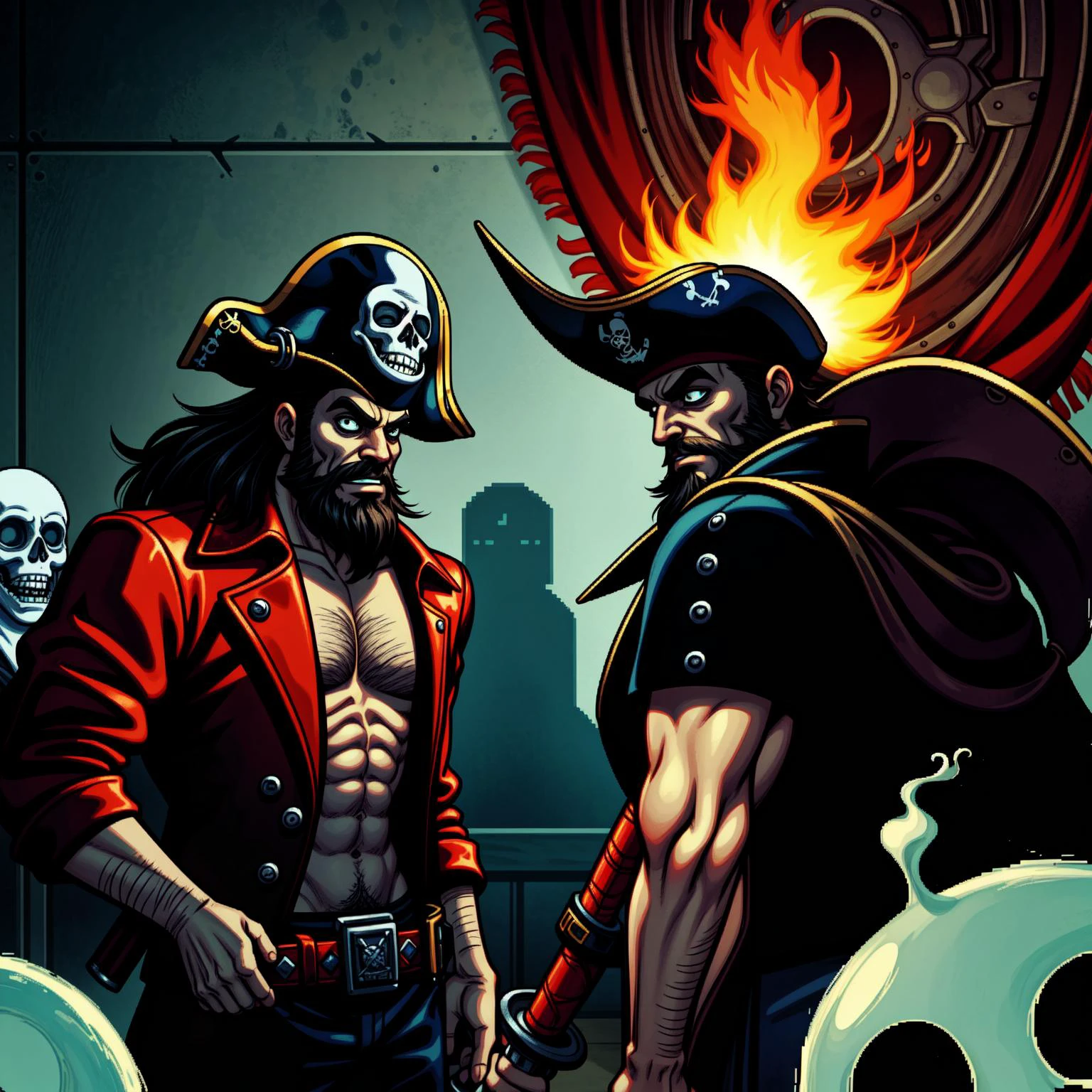 embedding:theme\XE-LucasArts, Monkey_Island_Style, ghost_pirate_LeChuck, fiery_beard, black_beard, beard, undead_pirate, tricorn_hat, rusty_sword, scumm_bar, pixel_art, pixelart, 1990s, 8bit, IBM_compatible, SCUMM_engine, EGA_graphics, midi_sound, adventure_game, point_n_click,