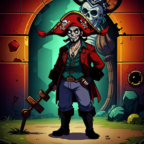 embedding:theme\XE-LucasArts, Monkey_Island_Style, (1man, solo, alone, zombie_pirate, pirate, LeChuck, green_skin, putrid, black_beard, tricorn_hat, red_coat, black_boots, brown_trousers,), pixel_art, pixelart, 1990s, 8bit, IBM_compatible, SCUMM_engine, EGA_graphics, midi_sound, adventure_game, point_n_click,
