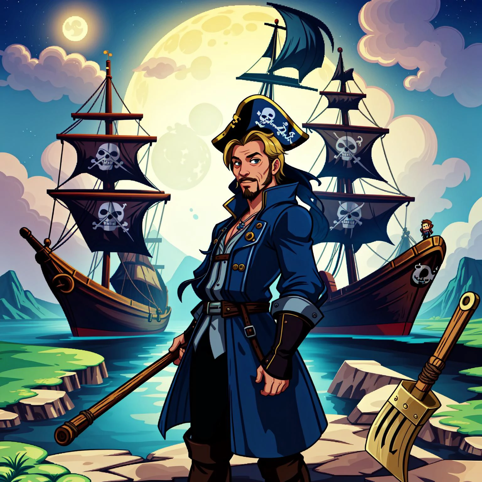 embedding:theme\XE-LucasArts, Monkey_Island_Style, (1man, solo, alone, guybrush_threewood, young_pirate, adventurer, player_character, blue_coat, blond, goatee, shovel, rope_bridge, swamp, moon, after_dark, port, pirate_ships,), pixel_art, pixelart, 1990s, 8bit, IBM_compatible, SCUMM_engine, EGA_graphics, midi_sound, adventure_game, point_n_click,