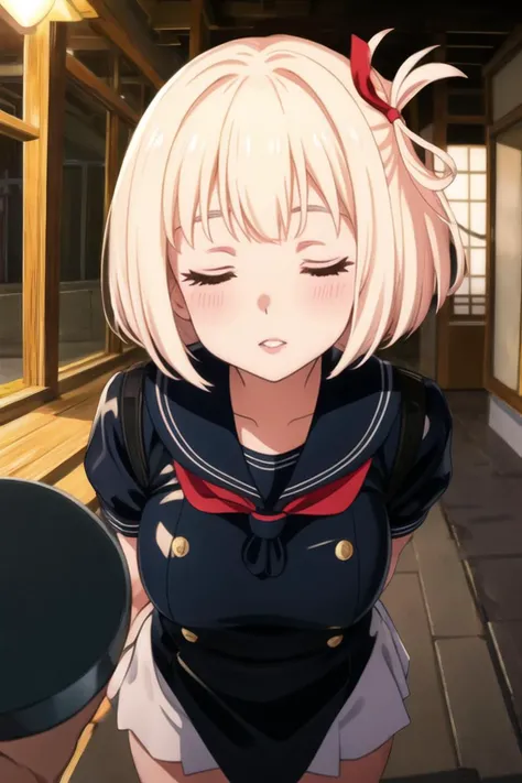 <lora:chisatonishikigis1-lora-nochekaiser:0.55> chisato nishikigi, short hair, bangs, blonde hair, hair ribbon, one side up, bob cut, best quality, (8k), (4k),(Masterpiece), (Best Quality), extremely detailed, intricate, hyper detailed, (perfect face), illustration, perfect_eyes, (1girl), bishoujo, (portrait), indoors, (pov:1.2), student, (school ,courtyard,outside,night):1.3,(black latex sailor dress), (standing),leaning forward,(kiss,kissing viewer):1.3,blush,closed eyes, looking at viewer,upper body focus, <lora:more_details:0.2> <lora:BDSMClothing-v1:0.4>