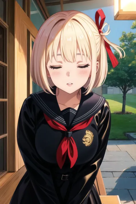 <lora:chisatonishikigis1-lora-nochekaiser:0.55> chisato nishikigi, short hair, bangs, blonde hair, hair ribbon, one side up, bob cut, best quality, (8k), (4k),(Masterpiece), (Best Quality), extremely detailed, intricate, hyper detailed, (perfect face), illustration, perfect_eyes, (1girl), bishoujo, (portrait), indoors, (pov:1.2), student, (school ,courtyard,outside,night):1.3,(black latex sailor dress), (standing),leaning forward,(kiss,kissing viewer):1.3,blush,closed eyes, looking at viewer,upper body focus, <lora:more_details:0.2> <lora:BDSMClothing-v1:0.4>