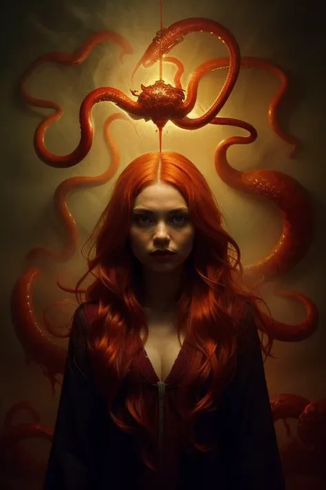 Blonde beauty with tentacles growing from her back，6 tentacles，Each tentacle is breaking or crushing objects in different directions，end of the world，Century，There are people around who run away in fear々，Woman smiling，D-cups，Luxury，doress，Blood Rain，Bloody，Blood pools，Masterpiece，high-detail，perfect-composition，face perfect，perfect bodies，the golden ratio，8K