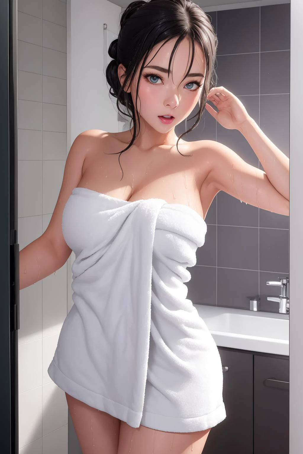 flawless, studio photo, a stunning woman, wet, towel, <lora:Shower Surprise:0.5>, amber eyes, surprised,