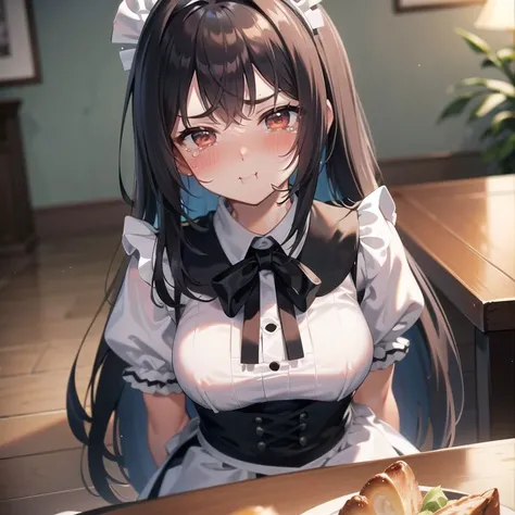 (masterpiece:1.2), (best quality:1.2), upper body shot, 1girl, medium breasts, black hair, long hair, looking at viewer, <lora:Concept_Pout:0.75>, pout, blush, tears, white maid headdress, black frilling maid dress, black stockings, sitting on the chair, arms behind back, table, food on the table, in the living room