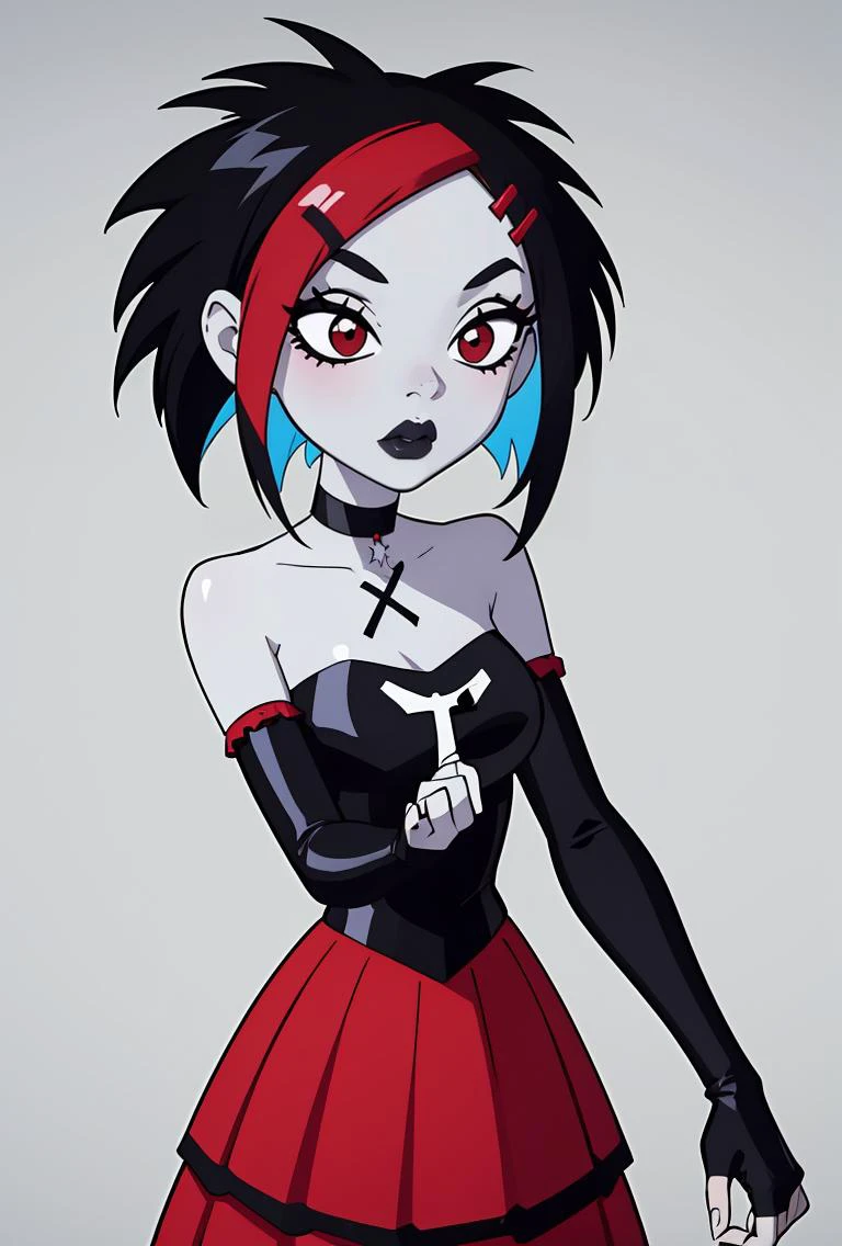 (masterpiece, best quality), 1girl, <lora:Argent_v1:0.8> argent, 1girl, solo, red eyes, black hair, red hair, multicolored hair, two-tone hair, short hair, streaked hair, hairclip, hair ornament, black lips, makeup, colored skin, grey skin,, black dress, strapless dress, frilled dress, red skirt, bare shoulders, detached sleeves, black gloves, elbow gloves, fingerless gloves, cross, black choker,