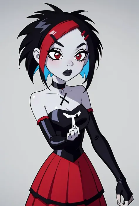 (masterpiece, best quality), 1girl,  <lora:Argent_v1:0.8> argent, 1girl, solo, red eyes, black hair, red hair, multicolored hair, two-tone hair, short hair, streaked hair, hairclip, hair ornament, black lips, makeup, colored skin, grey skin,, black dress, strapless dress, frilled dress, red skirt, bare shoulders, detached sleeves, black gloves, elbow gloves, fingerless gloves, cross, black choker,