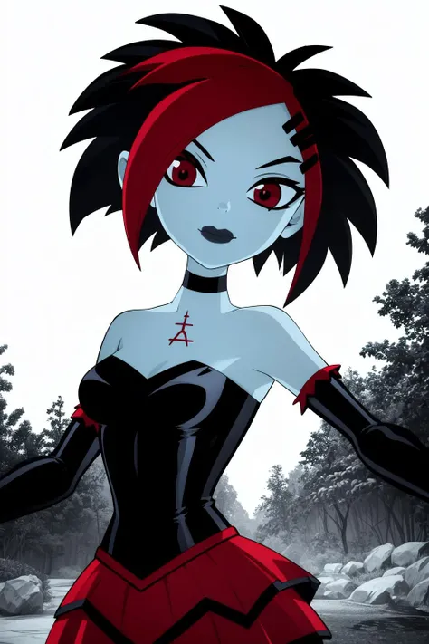 argent, 1girl, solo, red eyes, black hair, red hair, multicolored hair, two-tone hair, short hair, streaked hair, hairclip, hair ornament, black lips, colored skin, grey skin,
skirt, black dress, strapless dress, frilled dress, red skirt, bare shoulders, detached sleeves, black gloves, elbow gloves, fingerless gloves, black choker,
smile,closed mouth,cowboy shot,upper body,
forest,outdoor,
(insanely detailed, beautiful detailed face, masterpiece, best quality) cinematic lighting,<lora:Argent_v1:1>, <lora:more_details:0.3>,