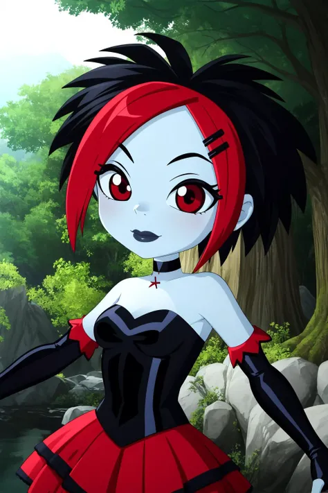 argent, 1girl, solo, red eyes, black hair, red hair, multicolored hair, two-tone hair, short hair, streaked hair, hairclip, hair ornament, black lips, colored skin, grey skin,
skirt, black dress, strapless dress, frilled dress, red skirt, bare shoulders, detached sleeves, black gloves, elbow gloves, fingerless gloves, black choker,
smile,closed mouth,cowboy shot,upper body,
forest,outdoor,
(insanely detailed, beautiful detailed face, masterpiece, best quality) cinematic lighting,<lora:Argent_v1:1>, <lora:more_details:0.3>,