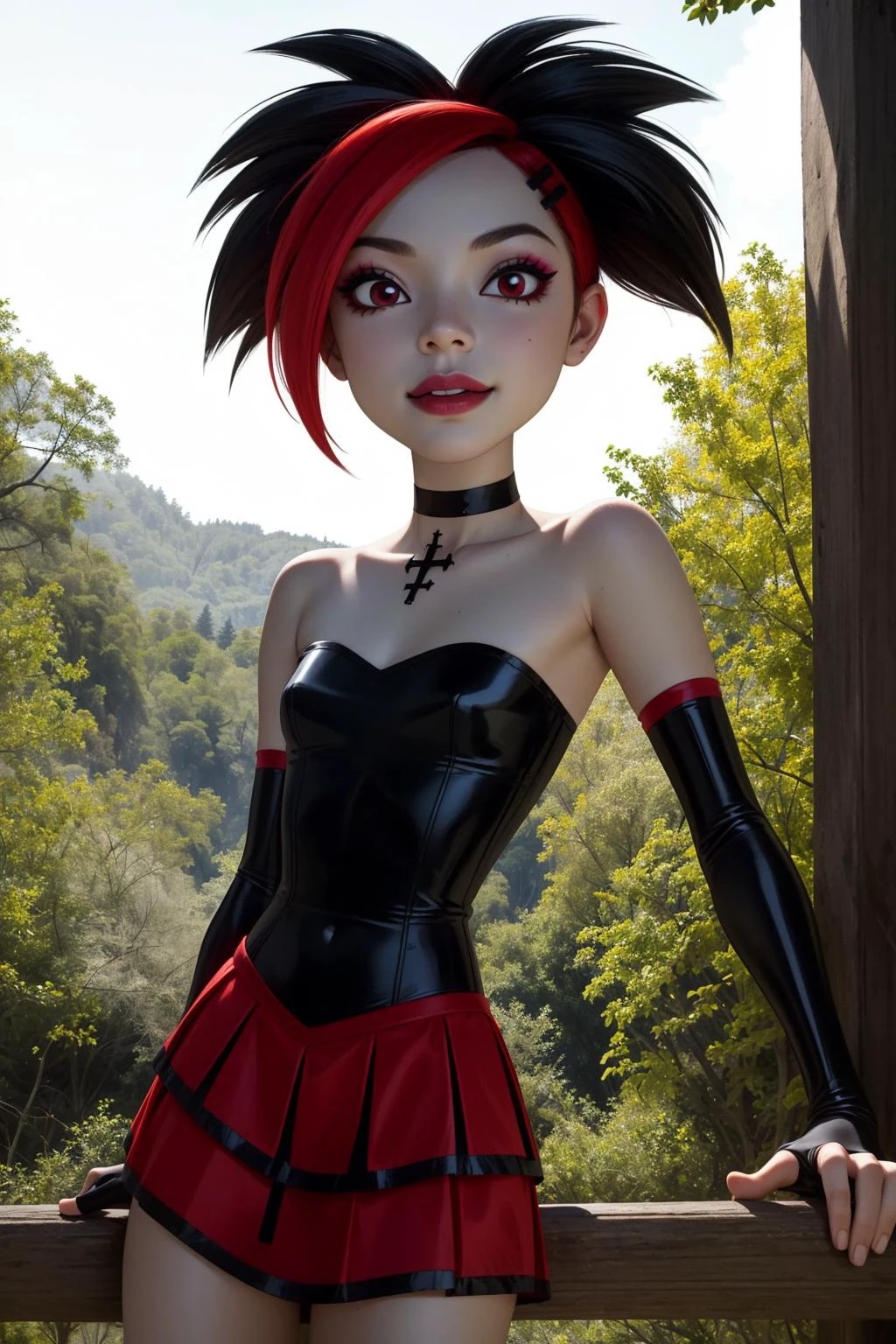 argent, 1girl, solo, red eyes, black hair, red hair, multicolored hair, two-tone hair, short hair, streaked hair, hairclip, hair ornament, black lips, makeup, colored skin, grey skin, 
skirt, black dress, strapless dress, frilled dress, red skirt, bare shoulders, detached sleeves, black gloves, elbow gloves, fingerless gloves, cross, black choker, 
smile,closed mouth,cowboy shot,
forest,outdoor,
(insanely detailed, beautiful detailed face, masterpiece, best quality) cinematic lighting,<lora:Argent_v1:1>, <lora:more_details:0.3>,