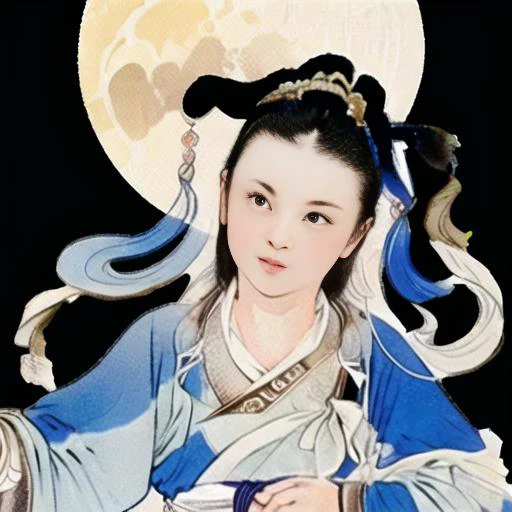 masterpiece, {{ultra-detailed}}, best quality, realistic, portrait, realistic, looking at viewer, extremely detailed, 1girl is walking on cloud, beautiful face, hanfu, ribbon, long sleeves, headdress, jewelry, <lora:xiyouchahuav1.0:0.8>, star sky, bridge, moon, looking at viewer,