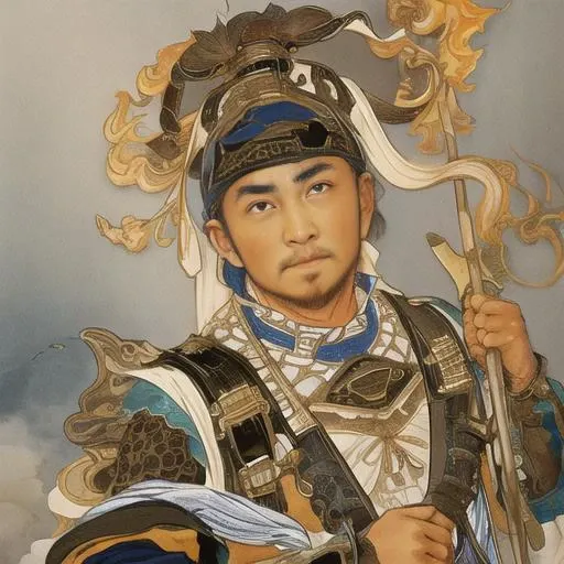 masterpiece, {{ultra-detailed}}, best quality, realistic, portrait, realistic, looking at viewer, extremely detailed, 1 strong boy, very long beard, armor, long sleeves, hat, jewelry, ribbon, <lora:xiyouchahua2:0.6>, cloud, holding weapon, fire