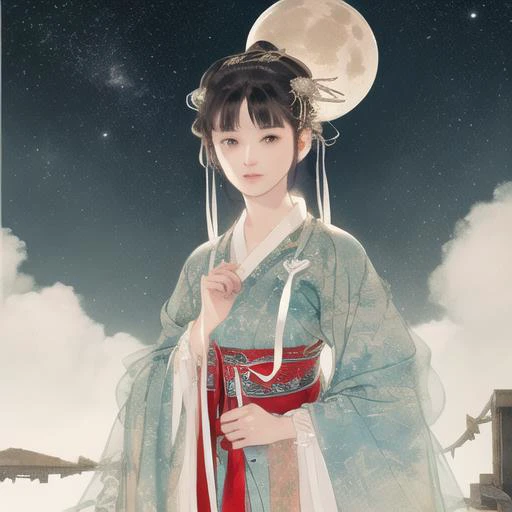 masterpiece, {{ultra-detailed}},traditional_media, best quality, letterboxed,realistic, colorful,extremely detailed CG unity 8k wallpaper,looking at viewer, star sky,(bridge, moon, cloud, ) ,1girl,robe, hanfu, ribbon,long sleeves, cloud,realistic, headdress, <lora:xiyouchahua2:0.4:1,1,1,1,1,0,0.2,0,0.8,1,1,0.2,0,0,0,0,0>,