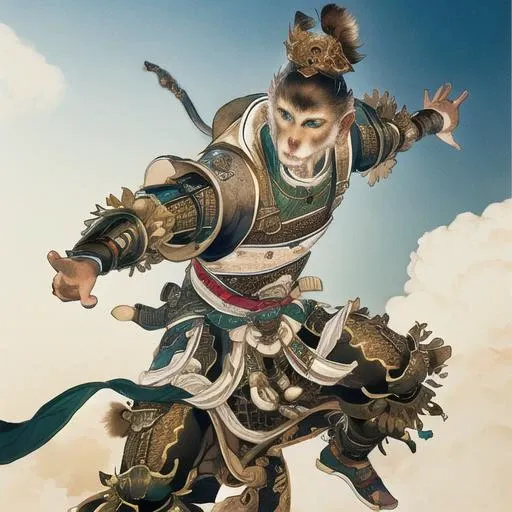 masterpiece, {{ultra-detailed}},traditional_media, best quality, realistic, extremely detailed CG unity 8k wallpaper,looking at viewer, cloud, monkey king,armor, <lora:xiyouchahua2:0.5>, fighting stance,