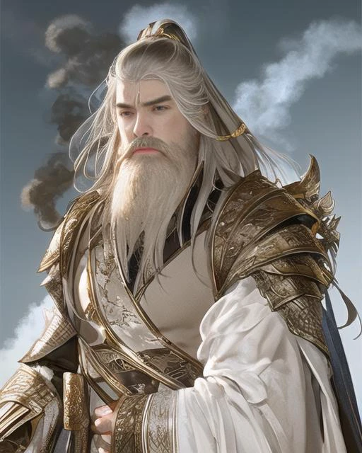 masterpiece, traditional_media, best quality, realistic, extremely detailed CG ,long beard, 1 boy, armor, old, long sleeves, portrait,robe, <lora:xiyouchahua4-000001:2.5:1,1,1,1,1,1,1,1,1,1,0.2,0.8,1,1,1,1,1>, solo, very long beard, ribbon, cloud, smoke, sky,[dark-skinned male:0.5],
