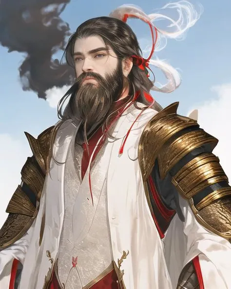 masterpiece, traditional_media, best quality, realistic, extremely detailed CG ,long beard, 1 boy, armor, old, long sleeves, portrait,red robe, <lora:xiyouchahua4-000001:2.5:1,1,1,1,1,1,1,1,1,1,0.2,0.8,1,1,1,1,1>, solo, very long beard, ribbon, cloud, smoke, sky,[dark-skinned male:0.5],