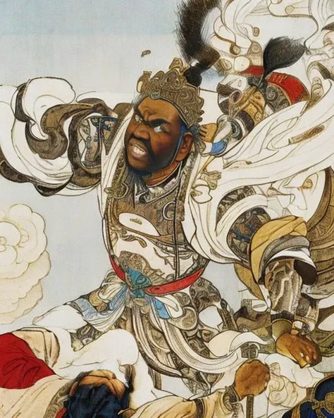 masterpiece, best quality, realistic, looking at viewer, clorful bacground, 1 strong boy, <lora:xiyouchahua4-000001:0.75>, dark-skinned male, facial hair, long beard, jewelry, old, acial hair, ribbon,(long sleeves), cloud, Ancient China, war, Tang Dynasty, cold, snowfield, cruel, suffering, history, victory, fierce, tense, uncertainty, danger, solo, strategy, surprise attack, strict ,white background,black hair, helmet