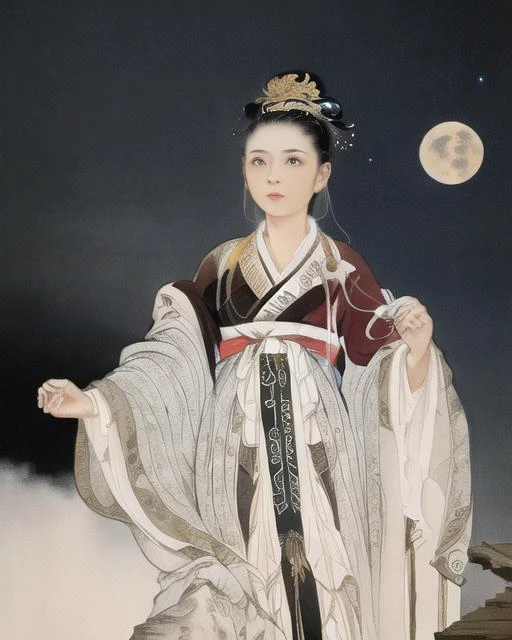 masterpiece, {{ultra-detailed}},traditional_media, best quality, letterboxed,realistic, colorful,extremely detailed CG unity 8k wallpaper,looking at viewer, star sky,(bridge, moon, cloud, ) ,1girl,robe, hanfu, ribbon,long sleeves, cloud,realistic, headdress, <lora:xiyouchahua4-000001:0.7>