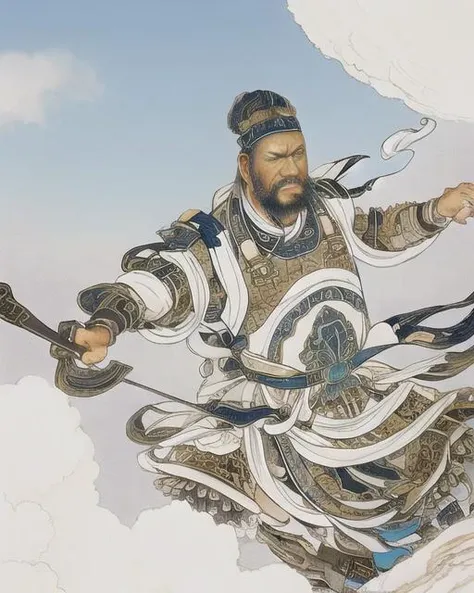 masterpiece, best quality, realistic, looking at viewer, clorful bacground, 1 boy, old, armor, long beard, jewelry, <lora:xiyouchahua4-000001:0.65>, facial hair, ribbon,(long sleeves), cloud, Ancient China, war, Tang Dynasty, cold, snowfield, cruel, suffering, history, victory, fierce, tense, uncertainty, danger, solo, strategy, surprise attack, strict