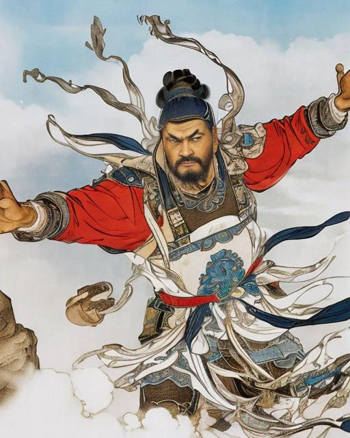 masterpiece, best quality, realistic, looking at viewer, clorful bacground, 1 boy, old, armor, long beard, jewelry, white face,<lora:xiyouchahua4-000001:0.65>, facial hair, ribbon,(long sleeves), cloud, Ancient China, war, Tang Dynasty, cold, snowfield, cruel, suffering, history, victory, fierce, tense, uncertainty, danger, solo, strategy, surprise attack, strict