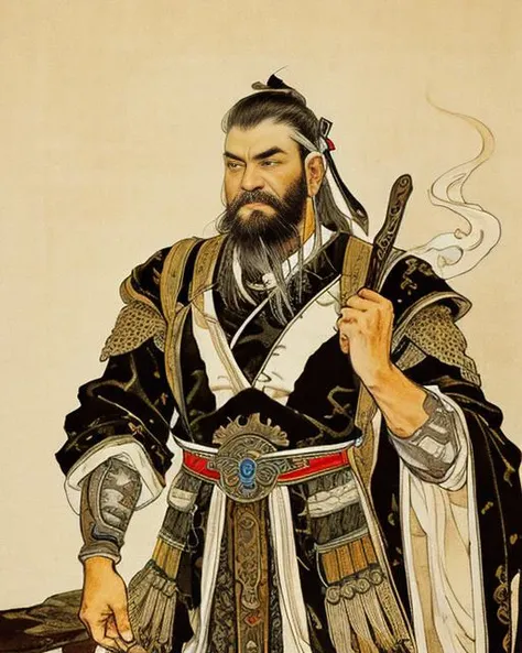 masterpiece, traditional_media, <lora:xiyouchahua_v2.0:0.4>, best quality, (realistic), Ancient China , 1 boy, Old General,Martial Arts,Weathered Face, Full-length Portrait,Military Commander, long beard,(armor), old, solo, very long beard, ribbon, cloud, smoke, sky,[dark-skinned male:0.5],Traditional Attire,Longevity,Traditional Brushwork,Traditional Brushwork,Historical Figure,Battle-hardened,Strength and Power, Historical Costume,Strategic Mind, Traditional Ink Painting , Traditional-style beard, Ancient-style beard,Flowing beard ,Grizzled beard