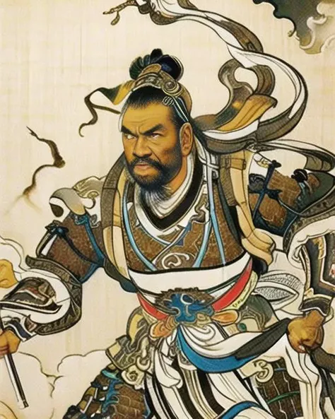 masterpiece, traditional_media, <lora:xiyouchahua_v2.0:0.6>, best quality, (realistic), Ancient China , 1 boy, Old General,Martial Arts,Weathered Face, Full-length Portrait,Military Commander, long beard,(armor), old, solo, very long beard, ribbon, cloud, smoke, sky,[dark-skinned male:0.5],Traditional Attire,Longevity,Traditional Brushwork,Traditional Brushwork,Historical Figure,Battle-hardened,Strength and Power, Historical Costume,Strategic Mind, Traditional Ink Painting ,<lora:watercolor:0.6>