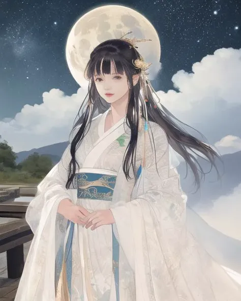 masterpiece, {{ultra-detailed}},traditional_media, best quality, letterboxed,realistic, colorful,extremely detailed CG unity 8k wallpaper,looking at viewer, star sky,(bridge, moon, cloud, ) ,1girl,robe, hanfu, ribbon,long sleeves, cloud,realistic, headdress, <lora:xiyouchahua4-000001:0.8>