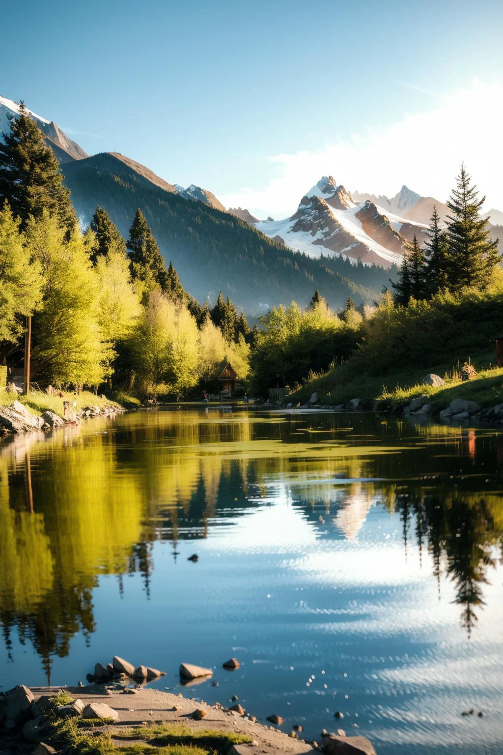 landscape, scenery, Under the setting sun, the mountains are surrounded by a mirror lake