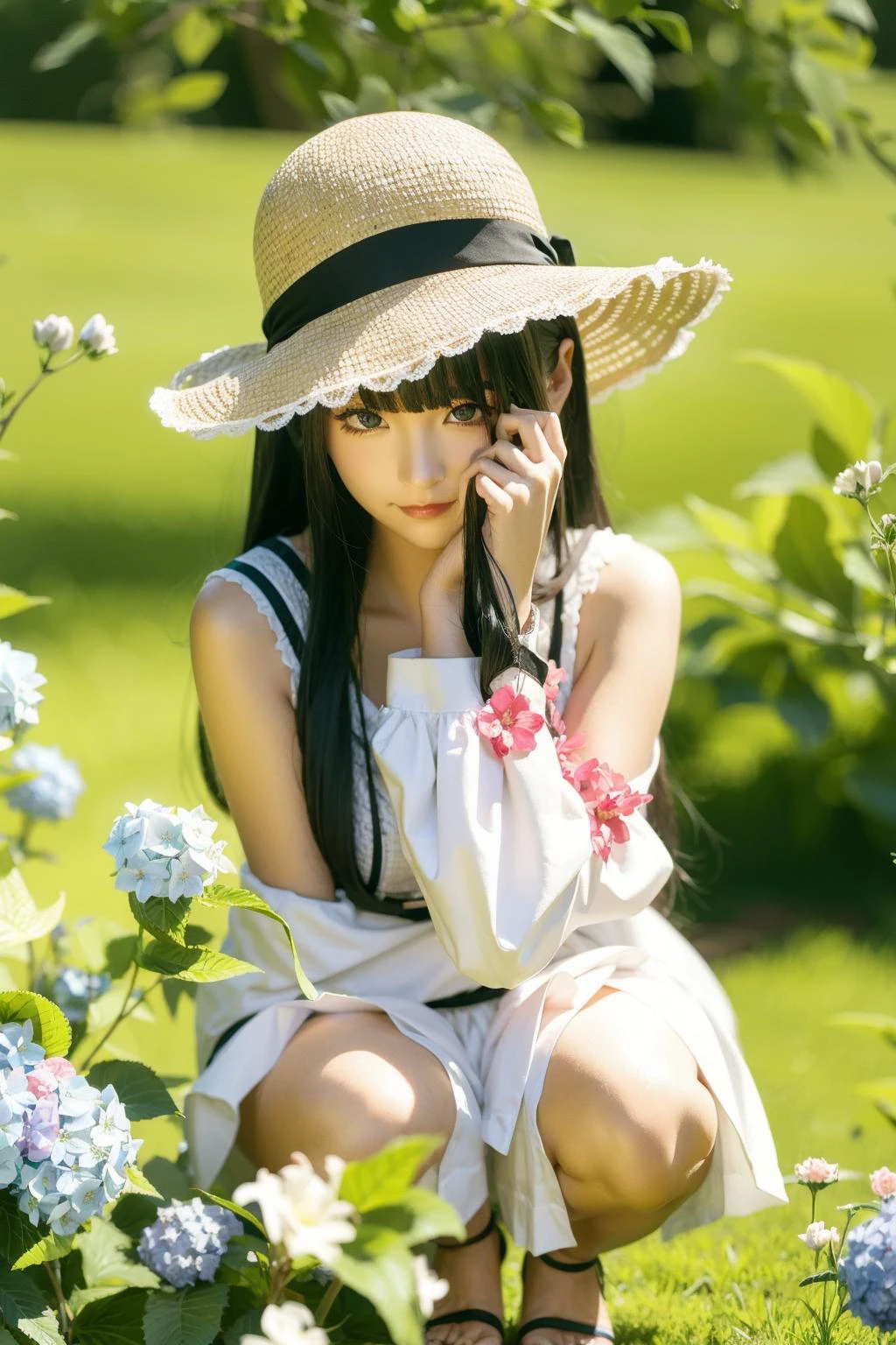 A girl in a white dress and a straw hat squats in a flower field, surrounded by hydrangeas