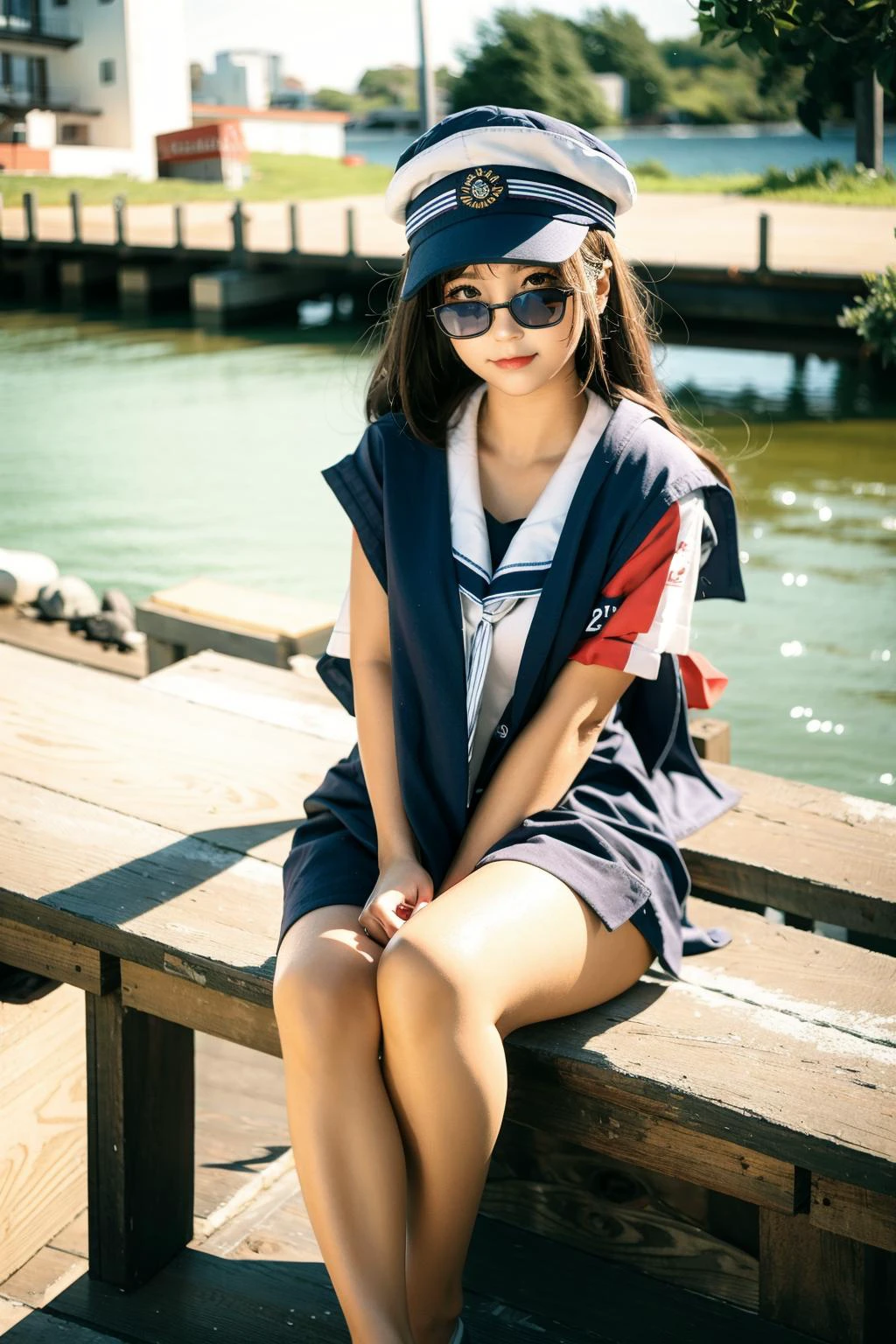 A girl wearing a sailor suit and a sailor hat is sitting on the dock
