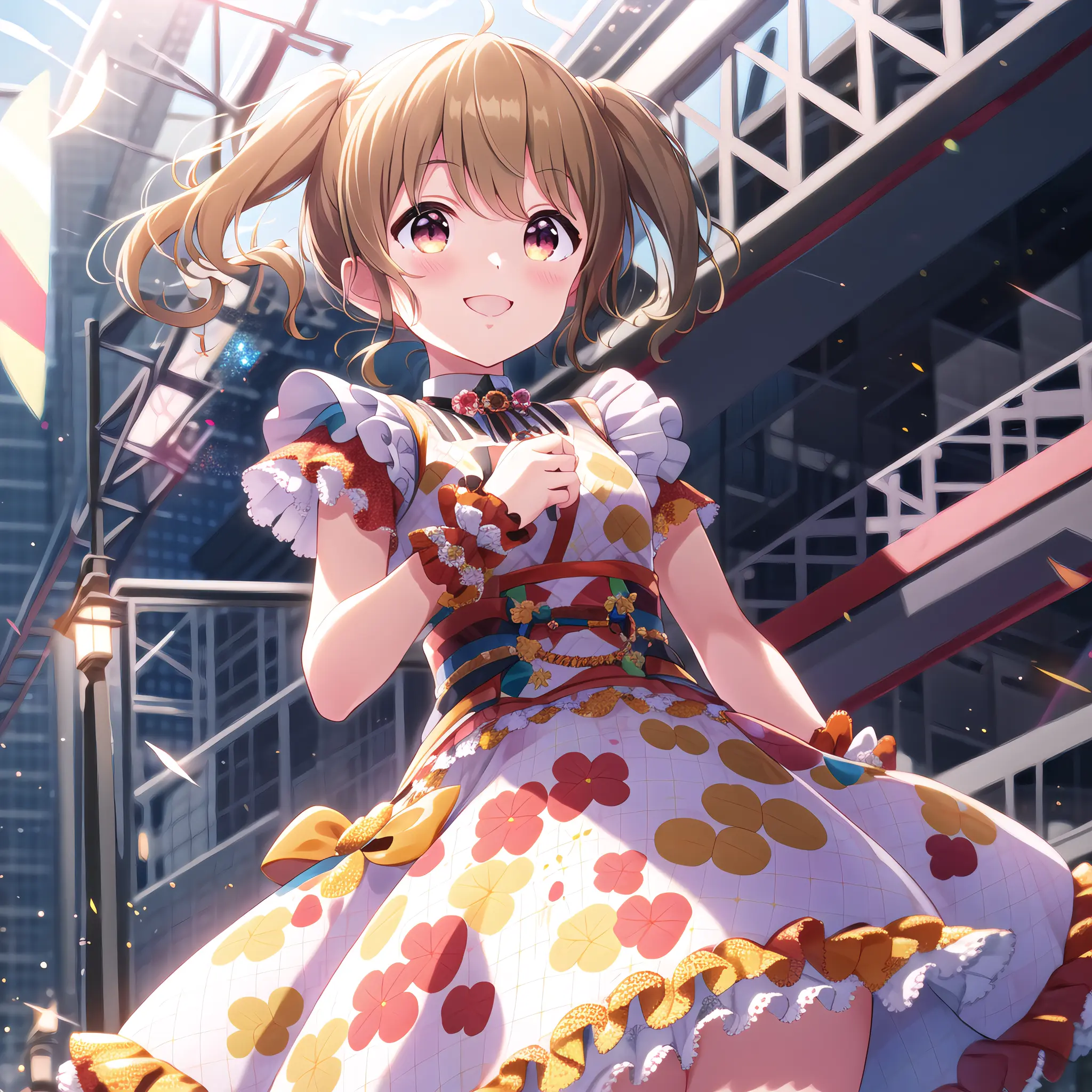 high quality, best quality, masterpiece, absurdres, kawasaki sakura, idol, 1girl, <lora:skr:0.75>, solo, smile
