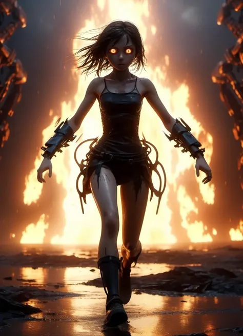 Scared girl in torn wet clothing engulfed in flames running toward the camera, a towering tall mechanical robot with glowing eyes in the background, short dof, apocalyptic, dramatic lighting, fog and lightning, <lora:bigeyes-xl-v1:0.98> big eyes, anime eyes <lora:RW_monolith_XL_v2:0.4> maxmonolith <lora:add-detail-xl:0.85>, subsurface scattering, ultra hd, 4k, high def, Photorealistic, Hyperrealistic, Hyper detailed, analog style, realistic, masterpiece, best quality, ultra realistic, 8k, Intricate, High Detail, film photography, soft lighting, heavy shadow