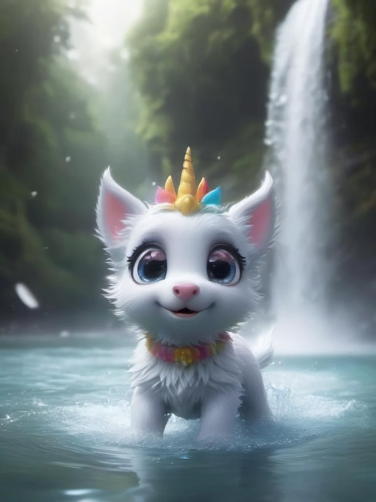 ghostly, Adorable, petite kelpies splashing playfully in shallow waters, Tiny, lovable unicorns with shimmering, rainbow manes, Darling, tiny gnomes with colorful hats and bushy beards, with a waterfall in the background <lora:bigeyes-xl-v1:1> big eyes, anime eyes,