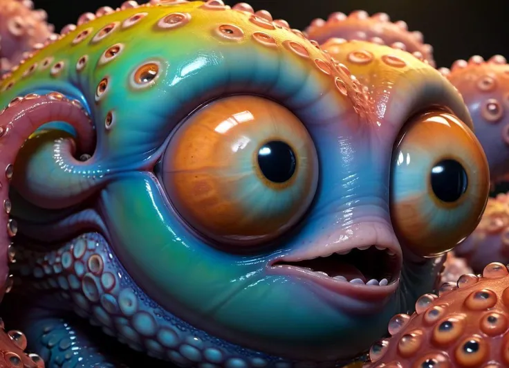 (centered) 3d model of a cute sinister vibrant colored monster octopus souless eyes by alexander jansson:1.3 | centered, psychedelic, colorful, matte background:0.9 | by jim henson:0.7 | dave melvin:0.4 | unreal engine, deviantart, artstation, octane, finalrender, concept art, hd, 8k resolution <lora:bigeyes-xl-v1:2.8> big eyes <lora:EnvyTrypophobiaXL01:1> trypophobia <lora:XL_Fractal_Vines:0.48> fractalvines, subsurface scattering, ultra hd, 4k, high def, Photorealistic, Hyperrealistic, Hyper detailed, analog style, realistic, masterpiece, best quality, ultra realistic, 8k, Intricate, High Detail, film photography, soft lighting, heavy shadow