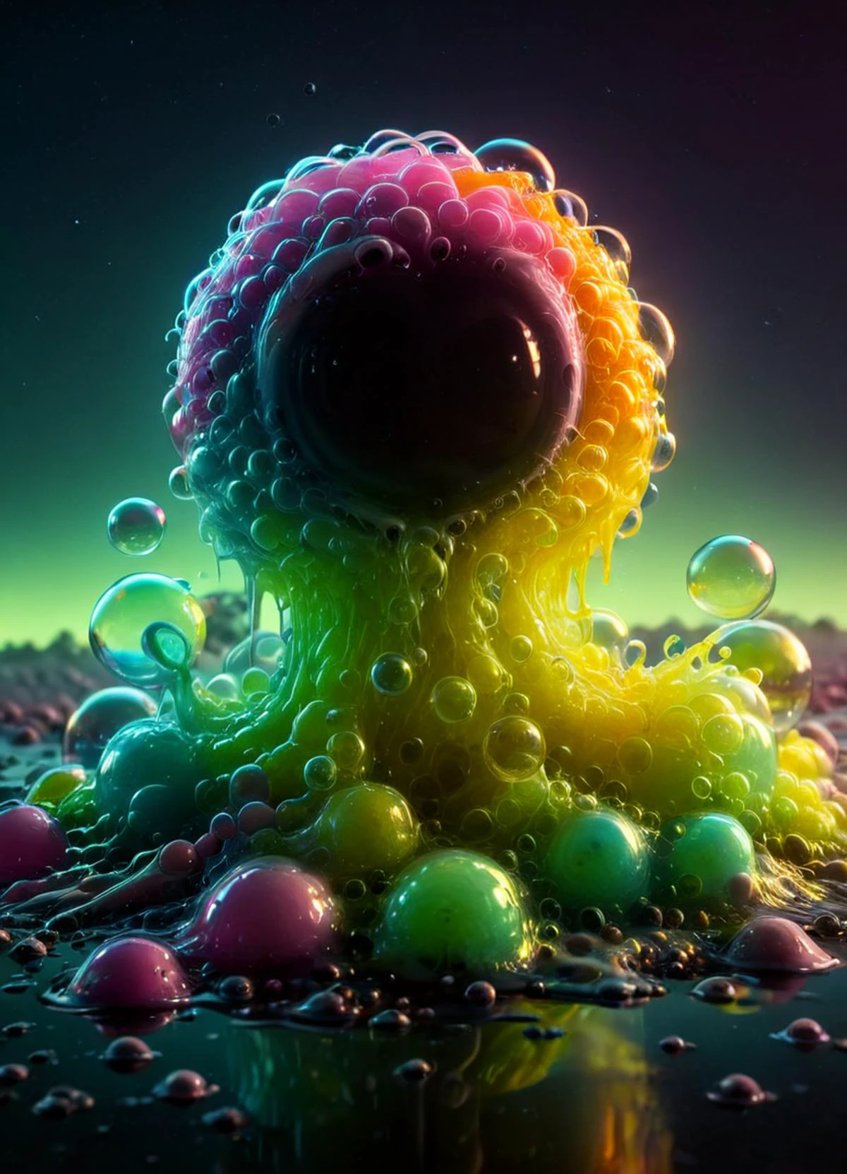 horror-themed cinematic photo Ombre color scheme of neon blue, neon pink, neon yellow, neon green, neon orange, a bubbling goo slime creature <lora:Channel_42:0.3> *Channel_42* <lora:sss:0.8> <lora:XL_Aether_Bubbles_And_Foam_v1_SDXL_LoRA:0.6> made of soap bubbles, made of bath foam <lora:bigeyes-v2_16x8-4x1:1.9> white big eyes <lora:XL_RMSDXL_Creative:0.65> <lora:another-bored-monsters:0.8> fx-monsters <lora:acidzlime:0.4> acidzlime, subsurface scattering, Photorealistic, Hyperrealistic, analog style, realistic, film photography, soft lighting, heavy shadow , 35mm photograph, film, bokeh, professional, 4k, highly detailed . eerie, unsettling, dark, spooky, suspenseful, grim, highly detailed
