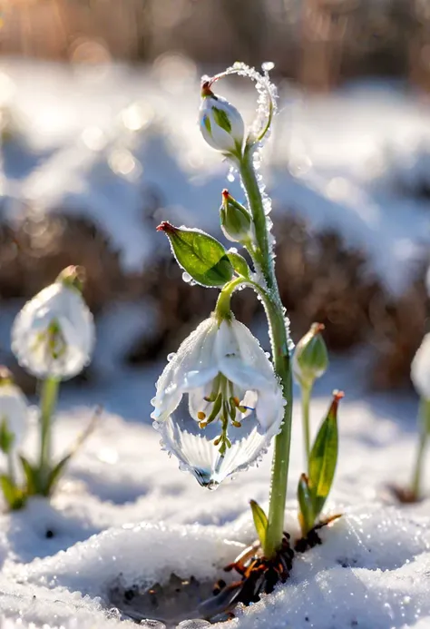 masterpiece,professional macro photography, small sprouting  snow drop  plant  (symbol of hope, love and faith) in melting snow , sunny landscape with melting snow , dying winter ,  soft bounced lighting, amazing depth of field, shot from a low angle, shot on Lumix GH5 (cinematic bokeh, dynamic range, vibrant colors)