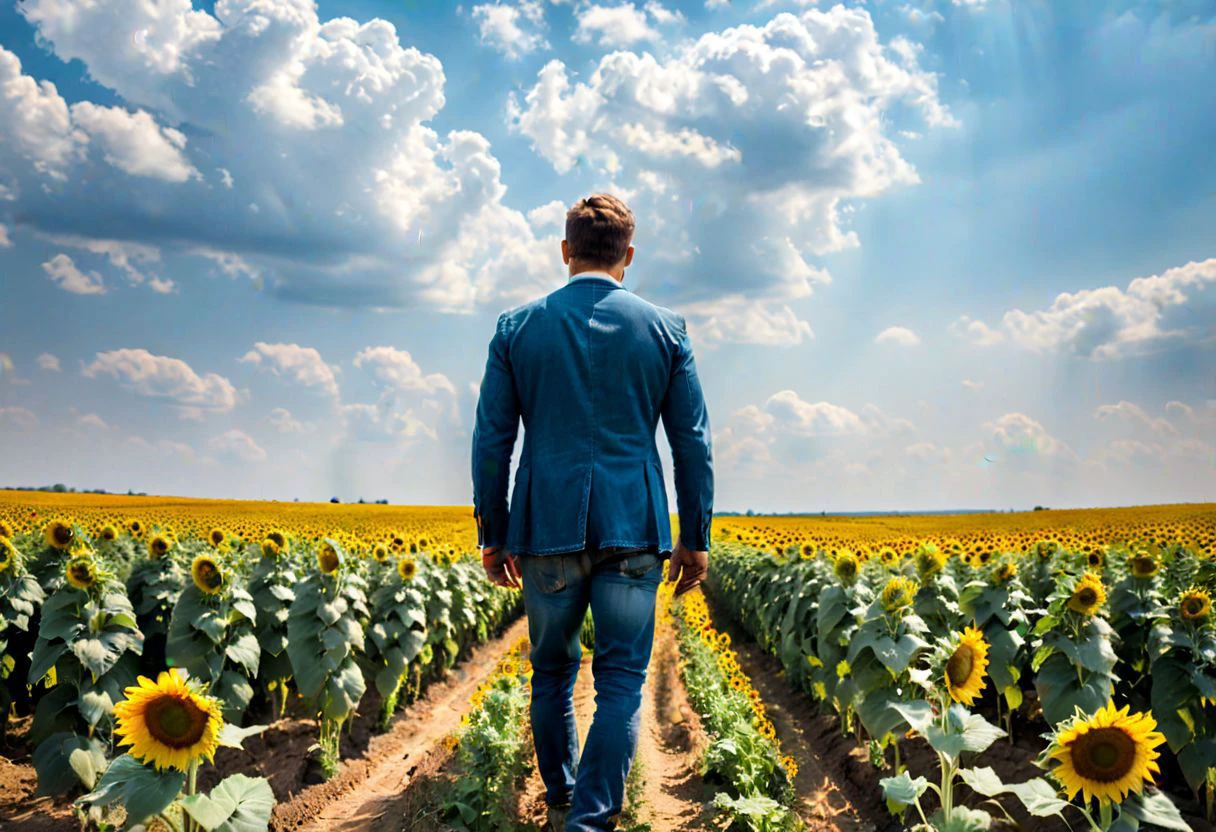 masterpiece,professional photography,
A man (full figure, from behind, zoomed out:1.5) far away looking down on a field of sunflowers under a cloudless blue sky, yellow field blue sky, view from up high on hill, dramatic view (symbol of Ukrainian hope and resistance) , sunny landscape with, soft bounced lighting, amazing depth of field, shot from a low angle, shot on Lumix GH5 (cinematic bokeh, dynamic range, vibrant colors)