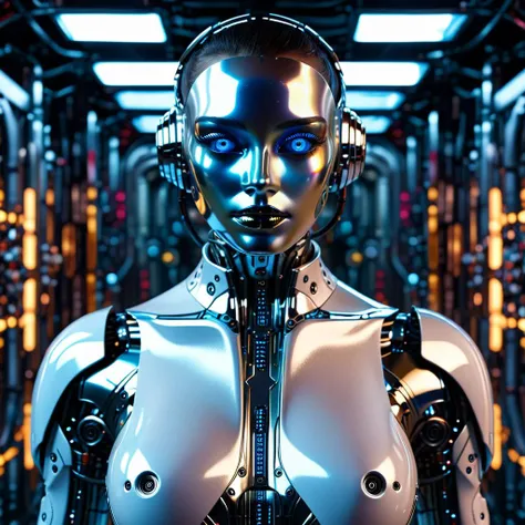 Fullbody Chrome and Ceramic Cyborg Facing Camera, human-machine fusion, dystopian, organic meets artificial, dark, intricate,Hallucinogenic psychedelic art Dystopian , horror,DMT,LSD,A distorted perception of self, highly detailed background, 8k,Canon EOS 60D, 50.0mm, f/2.8, 1/250s, ISO 500 <lora:more_details:1.4> <lora:bigeyes-xl-v1:1.2>