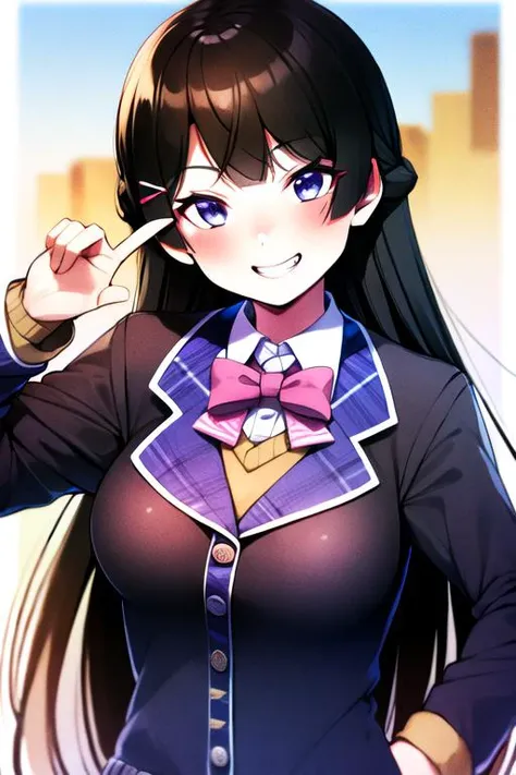 best quality, masterpiece, ultra high res, upper body, v, 1girl, (tsukino mito:1.3), black hair, long hair, blue eyes, hair ornament, hairclip, large breasts, school uniform, black jacket, pink bowtie, buttons, cardigan, collared shirt, white shirt, smile, grin <lora:nezumidoshi:1>