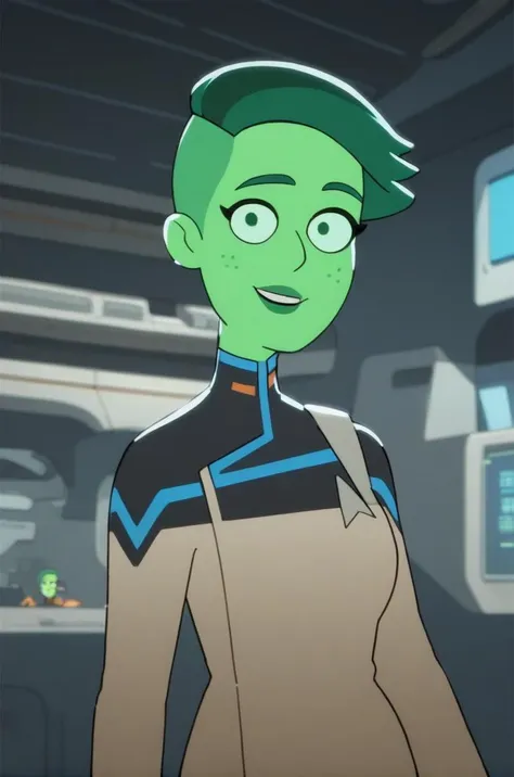 <lora:Tendi_-_Star_Trek_Lower_Decks:1>,score_9,score_8_up,score_7_up,green skin,short hair,smiling,looking at viewer,spaceship