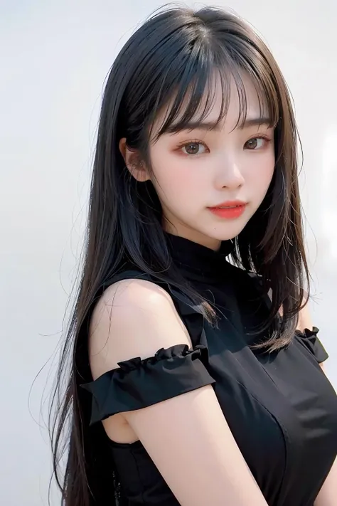 1girl,hair with bangs,black long dress,white background, <lora:Amieriss-04:1>