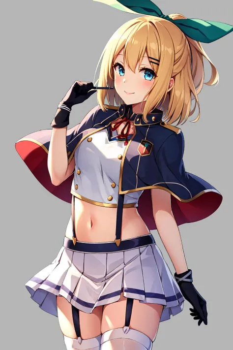1girl, rumia tingel, blonde hair, blue eyes, capelet, garter straps, green ribbon, hair ornament, hairclip, medium hair, red ribbon, school uniform, single glove, suspenders, thighhighs, white shirt, white skirt, solo, (simple background:1.1), smile <lora:Rumia-Tingel:0.75>
