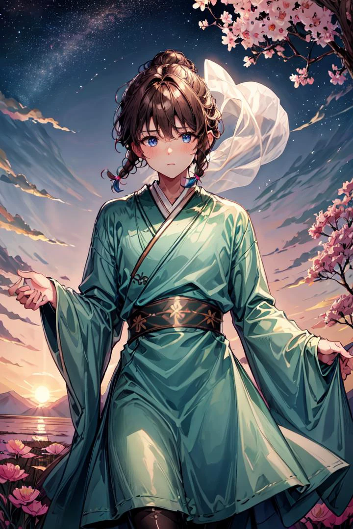 (masterpiece, high quality, highres,illustration),blurry background,[(white background:1.2)::5],cowboy shot, spring \(season\),(no light:1.1),(temptation:1.2),elegance, (1boy:1.1),(blush:0.7),floating hair,deep sky,star \(sky\),outline,(see-through:0.85),shining, (polychromatic peony:1.15),Movie poster,(colorful:1.1),ornament,petals,(pantyhose:1.1), green clothes, hanfu,  <lora:HuJia2:0.8> dark blue eyes, brown hair, braids, asymmetrical bangs, bunch top of head