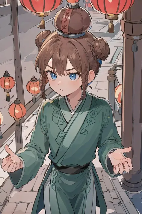 1boy, (Highest picture quality), (Master's work), (ultra-detailed), (Detailed eye description:1.2), solo,   <lora:Hu-Jia:1>, dark blue eyes, brown hair, braids, asymmetrical bangs, (1bunch:1.3), (1bun on top of head:1.3), walk throw street, chinese style, chinese city, holiday, red round lanterns, chinese lanterns